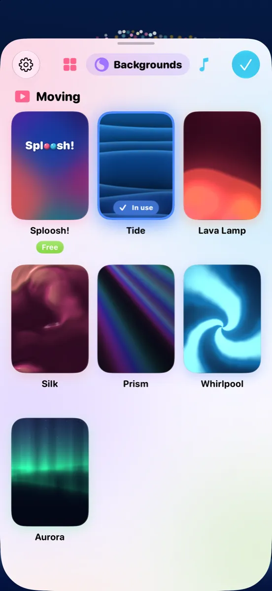 The backgrounds page, with moving backgrounds to choose from.