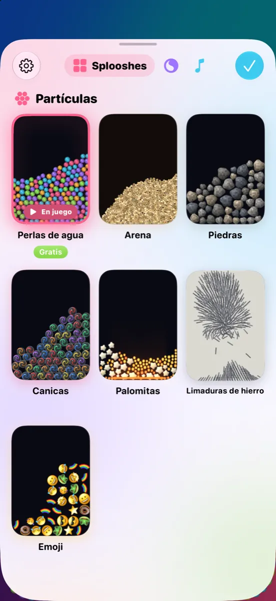 La página Splooshes de la app, una cuadrícula con quince splooshes.