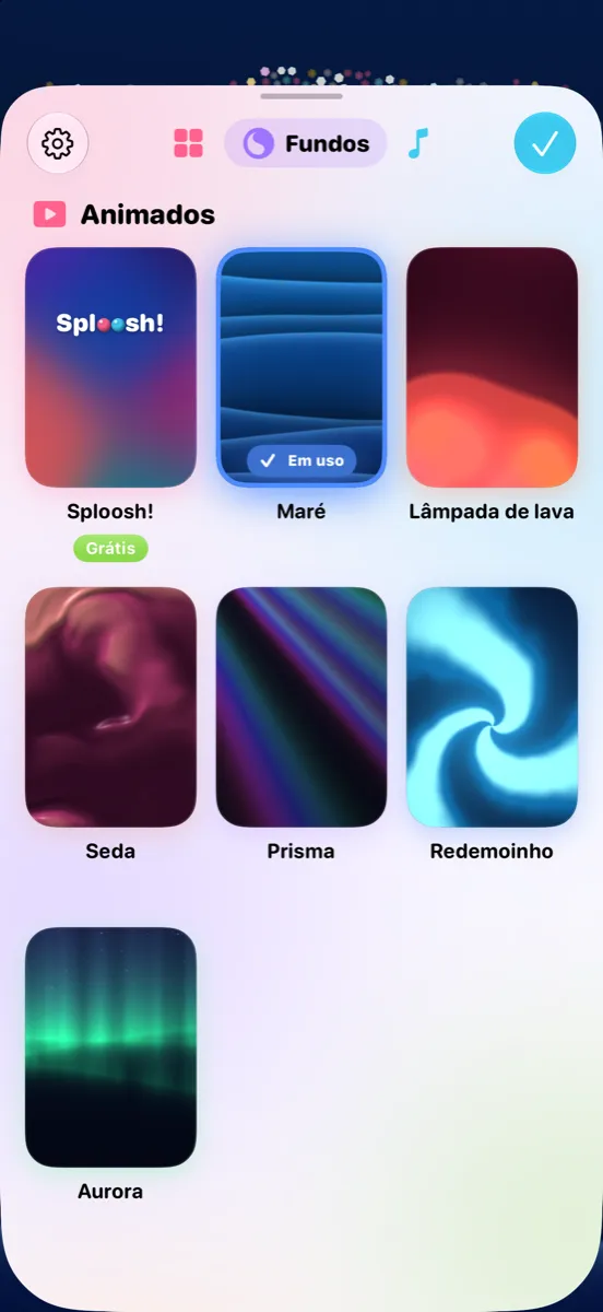 A página de fundos, com fundos animados para escolher.